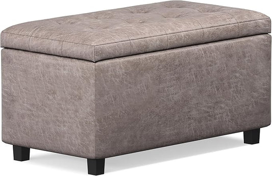 SIMPLIHOME Cosmopolitan Storage Ottoman - 34 inch Wide Upholstered Vegan Leather Rectangle Storage Ottoman Bench in Distressed Grey Taupe, Transitional Tufted Ottoman for Living Room with Lift-Up Lid