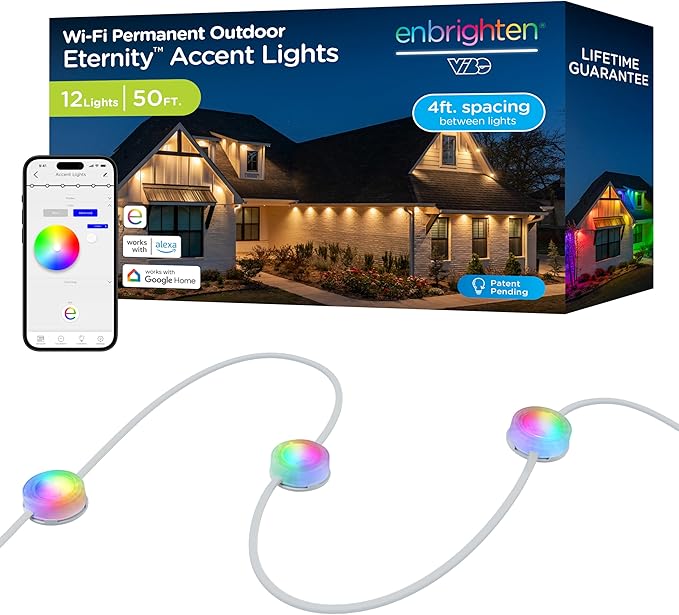 Enbrighten Vibe Eternity Accent Permanent Outdoor Lights for House, 50ft, 12 RGBWIC LEDs, Wide Spacing, 94lm, Tunable White, Everyday Eave Lighting, Smart App, Works with Alexa, Google Home, 85709