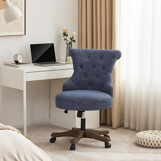 Home Office Chair Adjustable Height Swivel Chair with Wheels Linen Fabric Upholstered Computer Desk Chair with Wooden Legs Comfortable Armless Chair for Home Office Study Studio(Blue)