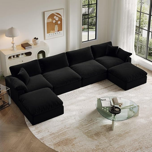 Modular Sectional Sofa,Extra Comfty Deep-Seat-Filled Couch,Black 6 Seat U Shape Sofas with Movable Ottoman,Modern Couches for Living Room, Apartment, Office,Small Space