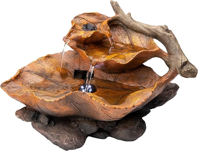 Alpine Corporation 9" Tall Indoor Tabletop Tiered Leaf Hand-Painted Fountain with LED Lights
