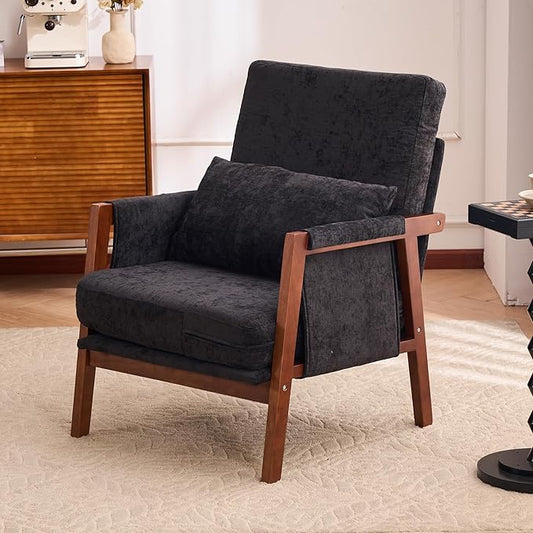 Accent Chair Mid-Century Modern with Lumbar Support Pillow, Upholstered Living Room Chairs with Wooden, Chenille Armchair with Cushion, Anthropologie Side Chair for Bedroom, Black