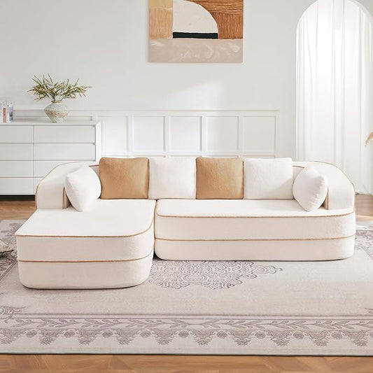 Cloud Sectional Sofa Modern Boneless Couch for Living Room, Comfy Deep Seat Comfy Teddy Fabric Double Sofa Chaise No Assembly Required (White, 106" L Shape with Left Facing)
