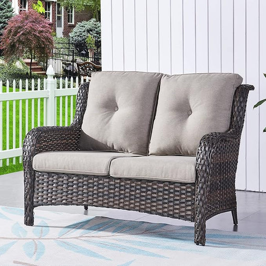 HUMMUH 6 Piece Patio Furniture Set PE Wicker Rattan 3-Seat Outdoor Sectional Sofa with Love Seats,Patio Swivel Chairs,Ottomans Conversation Sets for Garden, Poolside, Backyard