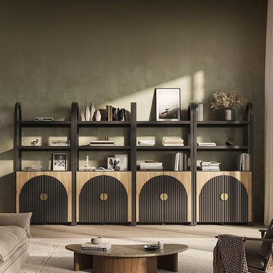BELLEZE Book Shelf 72" Tall Arched Bookcase with Storage, 5 Tier Mid Century Modern Fluted Bookshelf with Doors, Modular Bookshelves for Living Room Office Library, Set of 4 (Camel)