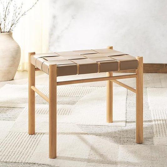 SAFAVIEH Couture Collection Devnie Brown Woven Leather & Natural Solid Wood Ottoman (Fully Assembled)