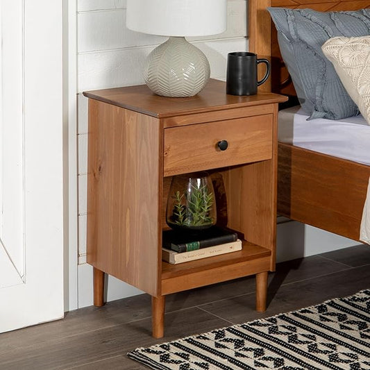 Walker Edison Russ Mid Century Modern 1-Drawer Solid Wood Nightstand Set, 2 Pack, Caramel