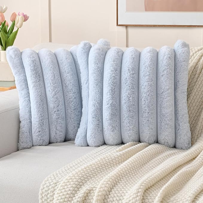 FUTEI Light Blue Decorative Throw Pillow Covers 26x26 Inch Set of 2, Square Soft Faux Rabbit Fur Thick Striped Euro Pillow Shams,Winter Home Decor for Couch Bed Living Room