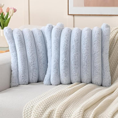 FUTEI Light Blue Decorative Throw Pillow Covers 22x22 Inch Set of 2, Square Soft Faux Rabbit Fur Thick Striped Cushion Cover,Winter Home Decor for Couch Bed Living Room