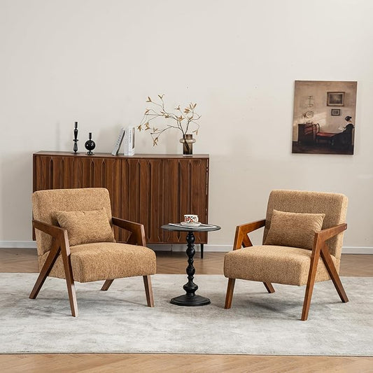 Mid Century Modern Accent Chair with Solid Wood Frame，Upholstered Chenille Living Room Arm Chairs with Pillow for Bedroom, Living Room, Reading Room, Balcony (2, Yellow)