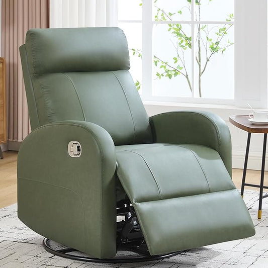 Swivel Rocker Recliner, Faux Leather Rocking Recliner Chair with Manual Adjustable Footrest, Reclining Chair Nursery Glider Recliners for Small Spaces, Living Room, Dark Green
