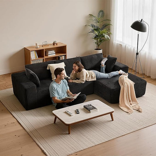 Apicizon 113" Sectional Sofa Couch for Living Room, 3 Seat Boneless Sofa with Chaise Longue, L-Shape Modular Sectional Couches with Deep Seat for Apartment，No Assembly Required (Stripe Corduroy Black)