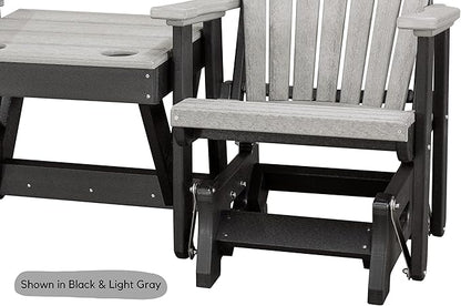 DutchCrafters Slat Fan Back Double Poly Adirondack Glider Outdoor Patio Chairs with Center Table (White & Cedar)