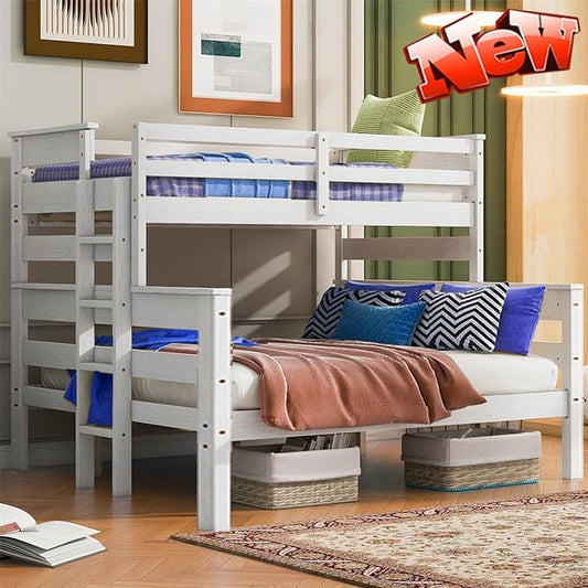 Upgraded Version Thicken Solid Wood Twin XL Over Queen Bunk Bed, Stronger Queen Size Bunk Bed Frame, Convertible into 2 Beds for Adult, Easy to Assemble (White,Twin XL Over Queen)
