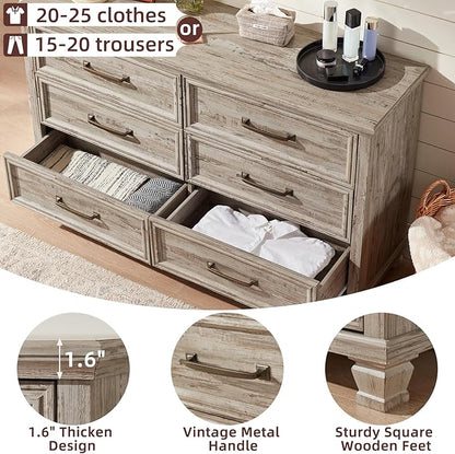 Farmhouse Bedroom Dresser and Nightstand Set of 4, 6 Drawer Tall & Low Dresser & 2 Drawer Nightstand Set, Rustic Wood Bedroom Furniture Set for Livingroom, Hallway, Grey