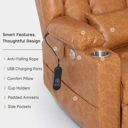ABCASA Oversized Zero Gravity Power Lift Recliner Chair for Elderly Set of 2, Wide Dual Motor Recliners, Heat & Massage, Charging Ports, Cup Holders, Extended Footrest, PU Leather, Orange Brown