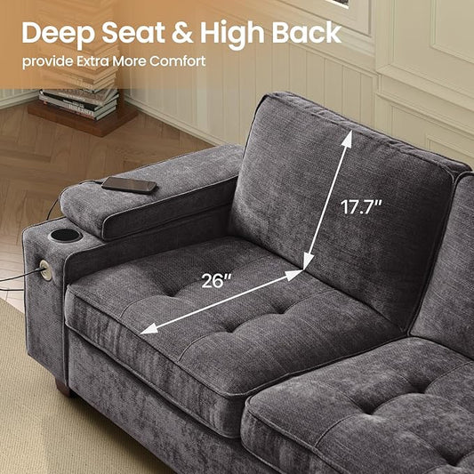 84" Loveseat Couch for Living Room,Modern Chenille Upholstered Sofa with Adjustable Storage Armrest,Cup Holders,USB & Type-C Ports,Solid Wood 2-Seater Loveseat Sofa for Apartment(Deep Gray)