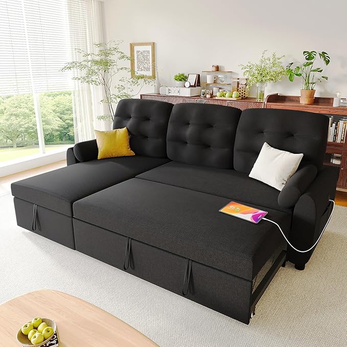 Ucloveria Sleeper Sofa Bed, 86" Convertible Sectional Sofa Couches for Living Room, Pull Out Couch Bed with Reversible Storage Chaise | USB Ports | Side Pockets | Removable Backrest