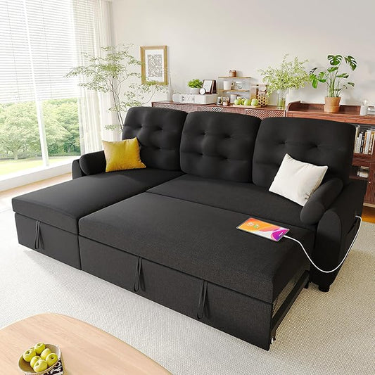 Ucloveria Sleeper Sofa Bed, 86" Convertible Sectional Sofa Couches for Living Room, Pull Out Couch Bed with Reversible Storage Chaise | USB Ports | Side Pockets | Removable Backrest