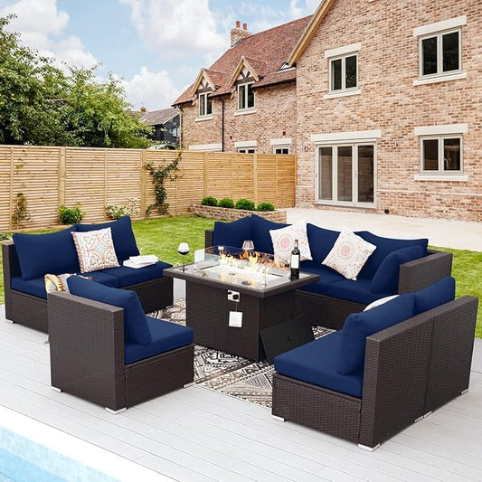 NICESOUL Large Size 9 Pcs Outdoor Patio Sectional Sofa Set with Firepit Natural Gas/Propane, 29.3'' High Back Conversation Sectional Couch Sets Deep Wide Sitting, Brown Rattan and Navy Blue Cushion
