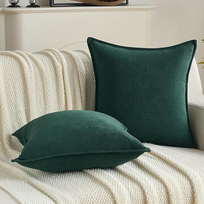 FUTEI Christmas Dark Green Chenille Throw Pillow Covers 16x16 Inch Set of 2,Edges Double-Stitched Cushion Cases,Modern Home Decor for Couch Living Room