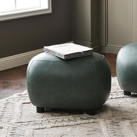 KINWELL 23" Wide Faux Leather Upholstered Ottoman, Mid-Century Modern Living Room Footrest with Soft Padded Seat, Footstool for Bedroom, Entryway or Living Room, Green