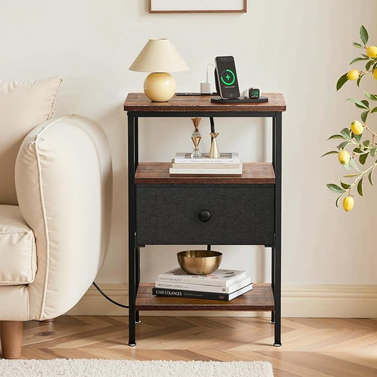 VECELO Night Stand Set 2, Nightstand with Charging Station, End Tables with Open Storage Shelf, Bed Side Tables with Fabric Drawers for Bedroom,Living Room,Rustic Brown
