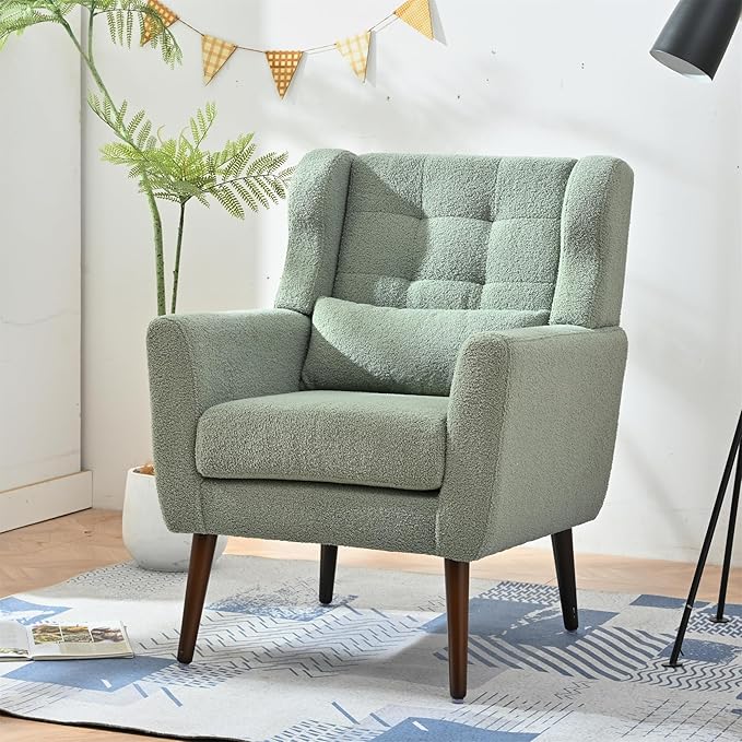 Accent Chair, Comfy Upholstered Living Room Chairs with High Tufted Backrest and Pillow, Wingback Reading Chair with Solid Wood Legs for Bedroom/Office, Teddy Fabric, Light Green