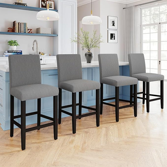 LSSPAID Counter Height Bar Stools Set of 4, 24.8 Inch Upholstered Fabric Barstools, Modern Kitchen Island Chairs with Backrest and Solid Wood Legs, Grey