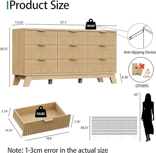 Fluted Dresser for Bedroom with 9 Drawers, 57" Wide Modern Chest of Drawers with Metal Handle, Wooden Dresser TV Stand, Wood Closet Clothes Storage Organizer for Living Room, Hallway, Natural Oak