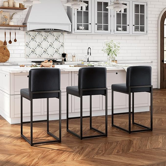 ALPHA HOME 24 Inch Bar Stools Set of 3, Kitchen Counter Stools with Backs, PU Leather Barstools, Kitchen Stools with Back&Upholstered Footrest, Sturdy Chromed Metal Steel Frame, Midnight Blue