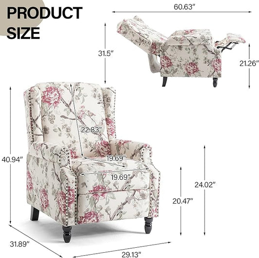 Recliner Chair, Upholstered Wingback Floral Pushback Armchair with Adjustable Backrest & Footrest, Comfy Accent Chair for Small Spaces, Living Room, Bedroom (Plants Floral, Set of 2)
