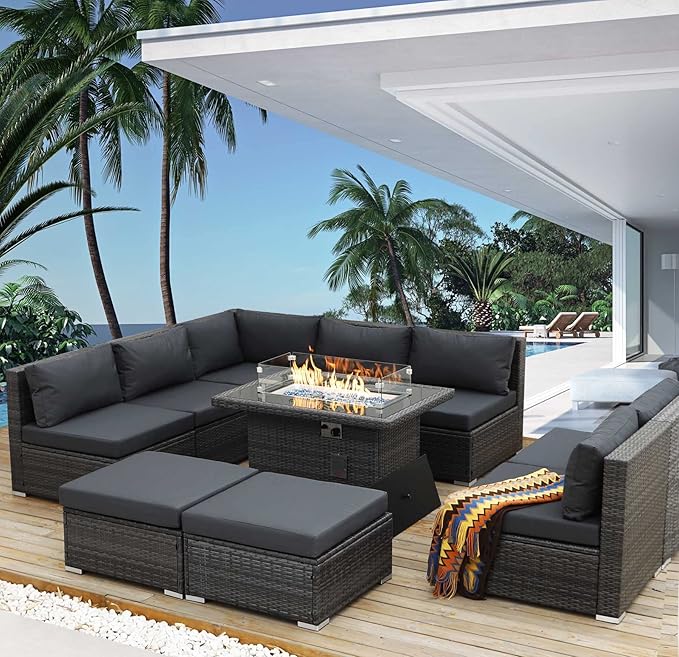 NICESOUL 10 Piece Contemporary Patio Furniture Set with Firepit Table Natural Gas/Propane, 29.3'' High Backrest Outdoor Sofa Conversations, 9 Seats Deep Wide Seating Wicker Sectionals, Dark Gray