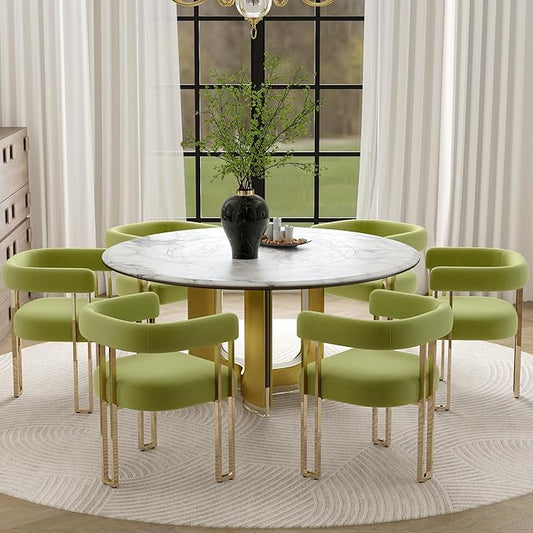 Green and Gold Modern Dining Chairs Set of 6, Velvet Upholstered Barrel Armchairs with Metal Legs for Kitchen Island, Mid Century Accent Chairs for Dining Room Living Room, Open-Back