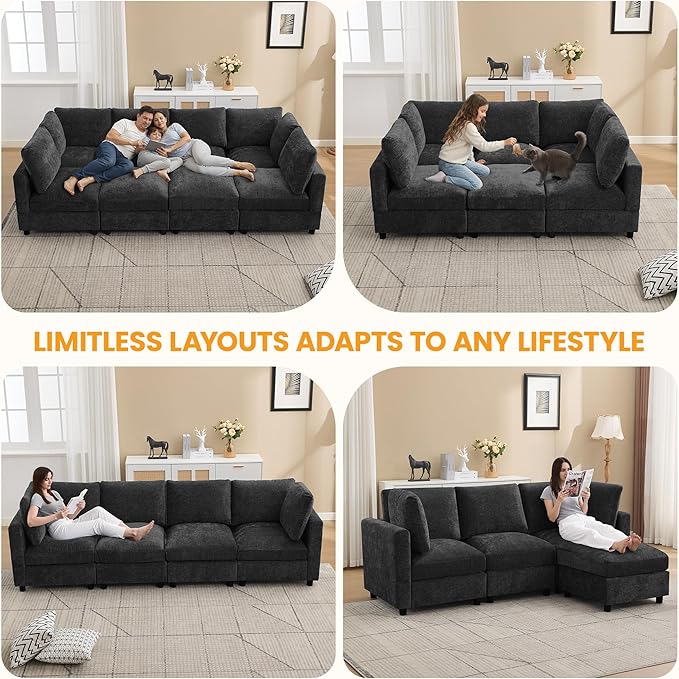 4-Seater Modular Sectional Cloud Sofa, Straight-Line Couches for Living Room, Modern Upholstered Deep Seat Sofa, Chenille Dark Grey