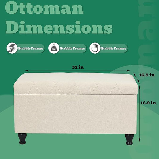 Ottoman with Storage 32'' Ottoman Storage Bench Fabric Ottomans Footstools Upholstered Foot Rest Stool for Couch, Living Room, Bedroom, Entrance Shoe Bench Beige