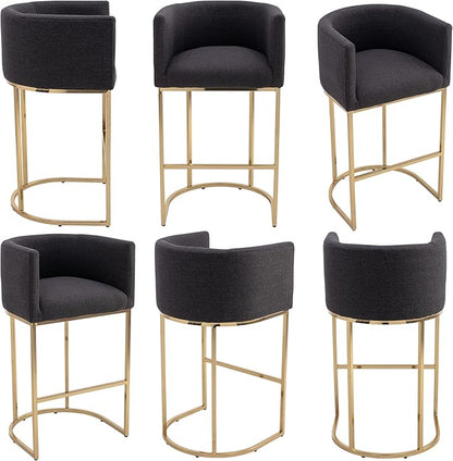 Contemporary Charcoal Linen Bar Stools Set of 4, 32" Upholstered Fabric Counter Height Barstool Kitchen Counter Island Stools with Golden Metal Base