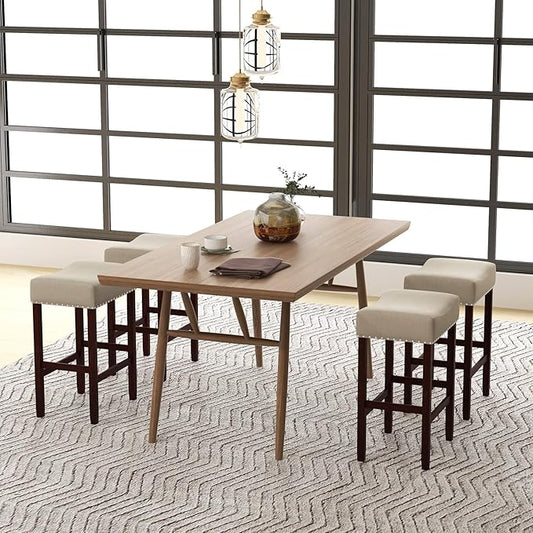 COSTWAY Counter Height Bar Stools Set of 4, 25-inch Backless Saddle Stools with Nailhead Trim, Rubber Wood Frame, Footrest, Max Load 330 Lbs, Upholstered Barstools for Kitchen Island Pub, Beige