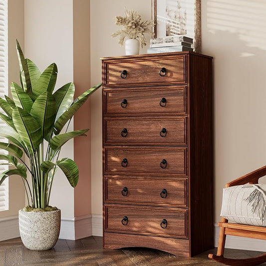 6 Drawer Dresser 52" Tall for Bedroom, Wood 6 Chest Drawers, Storage for Clothes, Narrow Large Drawers, Taupe Vintage, for Living Room, Bedroom, Hallway, Cherry Wood