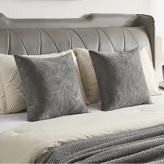 FUTEI Dark Grey Velvet Throw Pillow Covers 24x24 Inch Set of 2,Soft Embossed Leaf-Relief Textured European Cushion Cases,Natural Home Decor for Couch Living Room