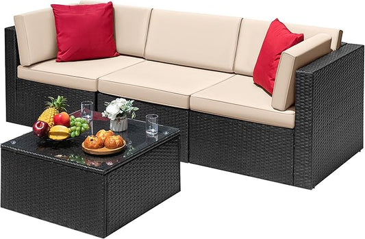 Devoko 4 Pieces Patio Furniture Sets All-Weather Outdoor Sectional Sofa Manual Weaving Wicker Rattan Patio Conversation Set with Cushion and Glass Table (Beige)