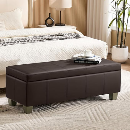 51" Faux Leather Storage Ottoman, Stitch Tufted Rectangle Upholstered End of Bed Storage Bench, Entryway Large Couch Ottoman with Wooden Legs,Brown