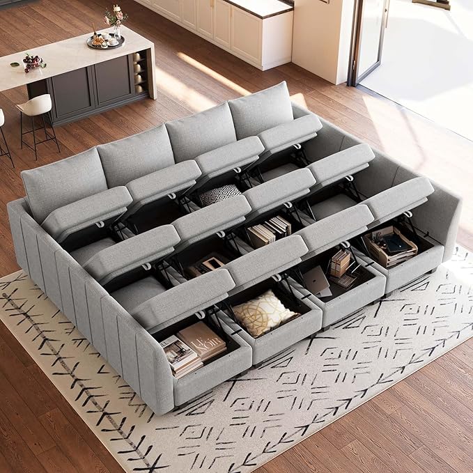 Belffin Oversized Modular Sectional Sofa Sleeper Sectional Couch with Storage Chenille Sofa Bed for Living Room, 12 Seats, Light Grey