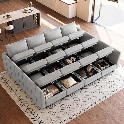 Belffin Oversized Modular Sectional Sofa Sleeper Sectional Couch with Storage Chenille Sofa Bed for Living Room, 12 Seats, Light Grey