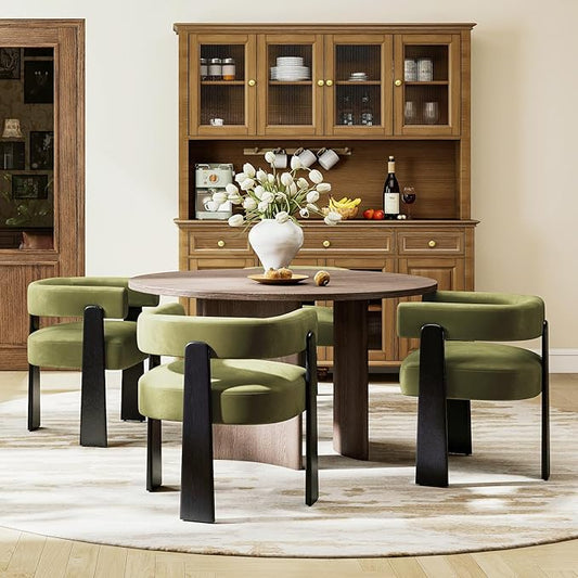 Modern Dining Chairs Set of 4, Upholstered Velvet Barrel Accent Chairs with Backrest & Arms, Wide and Thicker Padded Kitchen Side Chair with Wooden Legs for Dining Room, Livingroom, Dark Green