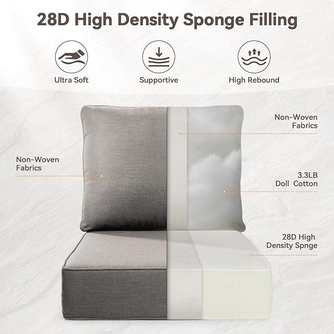 Luxury 6" Outdoor Cushions for Patio Furniture, 24x24x6" Thick Seat Cushion Set of 3, Fade Resistant Couch Chair Replacement Cushions High Density Deep Wicker Chair Cushion w/ Removable Cover Gray