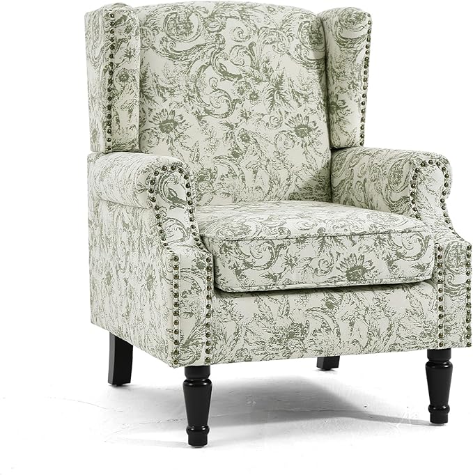 Wingback Accent Chair, High Back Upholstered Armchair, Printed Fabric Wingback Arms Chairs with Wood Legs, Single Sofa Reading Chair for Bedroom Living Room, Green Pattern