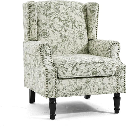 UIXE High Back Accent Chair, Fabric Upholstered Armchair for Living Room, Floral Printed Wingback Arm Chair with Solid Wood Legs, Retro Nailhead Trim Single Sofa Bedroom Reading Seat - Rococo Green