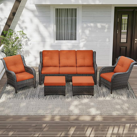 Patio Conversation Set 5-PCS Wicker Outdoor Furniture Conversation Set with 3-Seat Sofa, 2 Armchair, 2 Ottoman Patio Rattan Wicker Sectional Sofa Set with Olefin Cushion, Orange