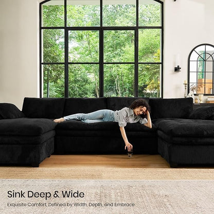 Belffin Large Modular Sectional Sofa with Deep Chaise, Corduroy U Shaped Couch with 9" Soft Dual-Layer 7 Seats Cushion for Living Room, Apartment, Black